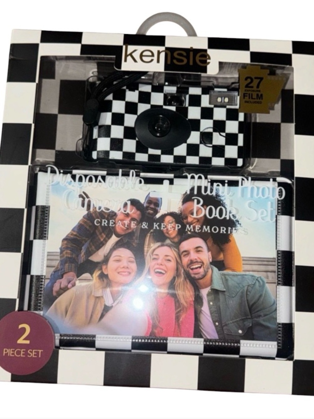 Kensie Black & White Checkered Disposable Camera and Mini Photo Book Set